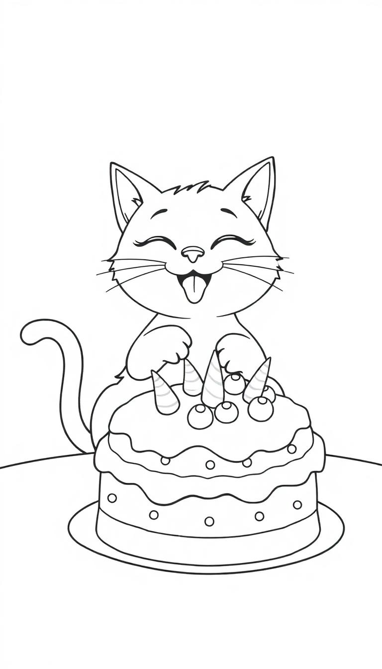 Kleurplaat van een lachende kat met een tong uit zijn mond die achter een grote feesttaart zit.