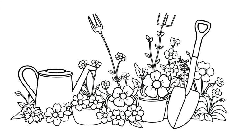 Kleurplaat van een tuin met bloemen, gieter en tuingereedschap voor kinderen