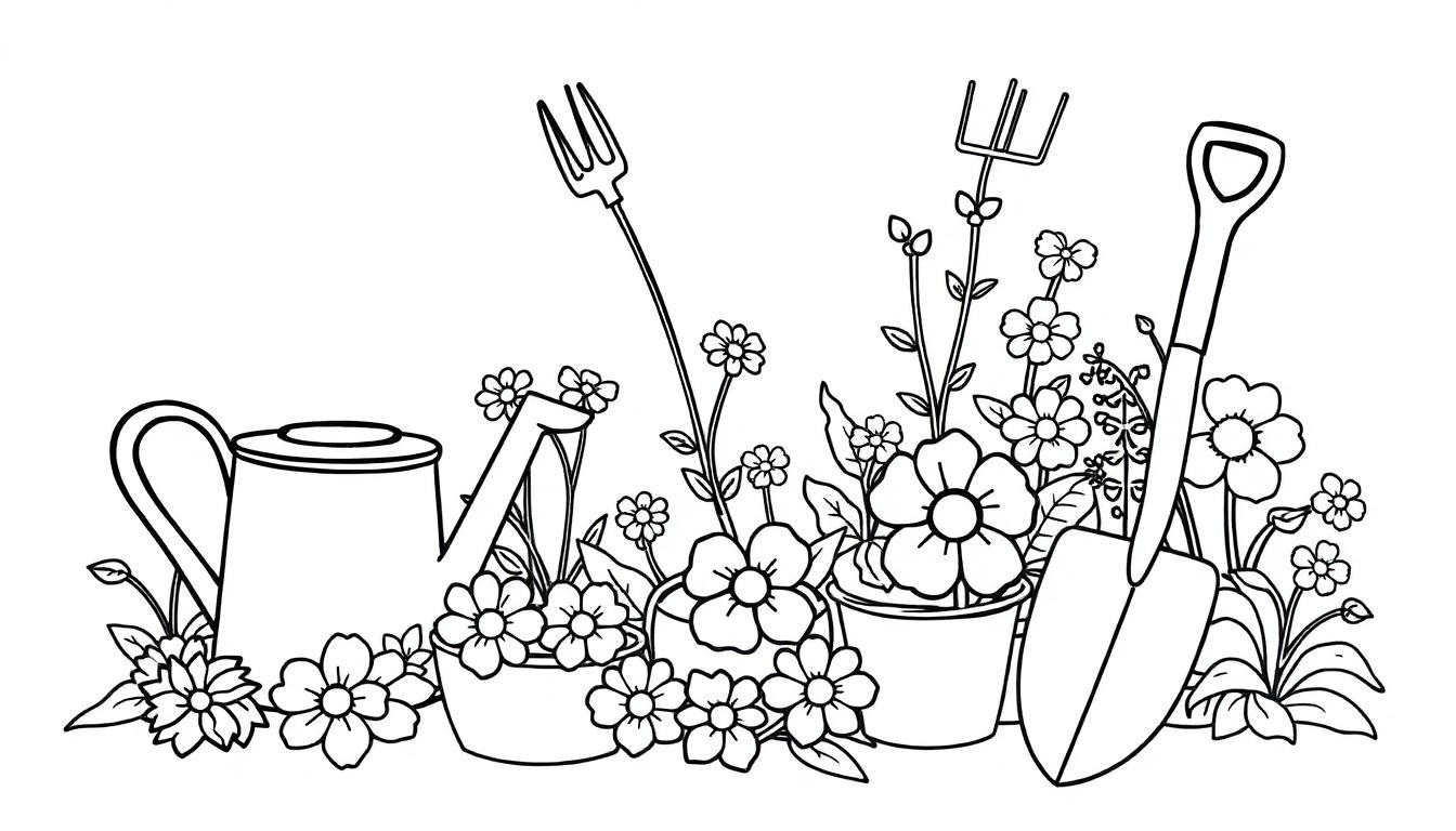 Kleurplaat van een tuin met bloemen, gieter en tuingereedschap voor kinderen