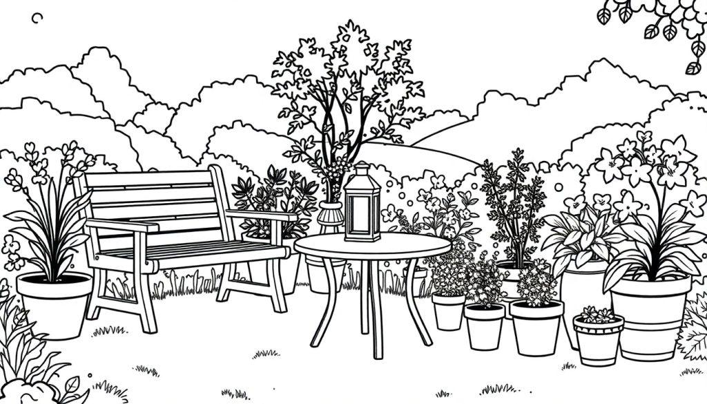 Kleurplaat van een rustieke tuin met een houten bank, ronde tafel en veel planten en bloemen.