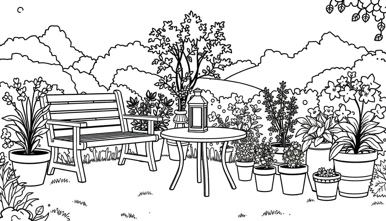 Kleurplaat van een rustieke tuin met een houten bank, ronde tafel en veel planten en bloemen.