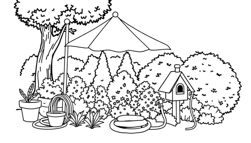 Kleurplaat van een tuinsetting met een grote boom, parasol, potplanten, een vogelhuisje en een slang.