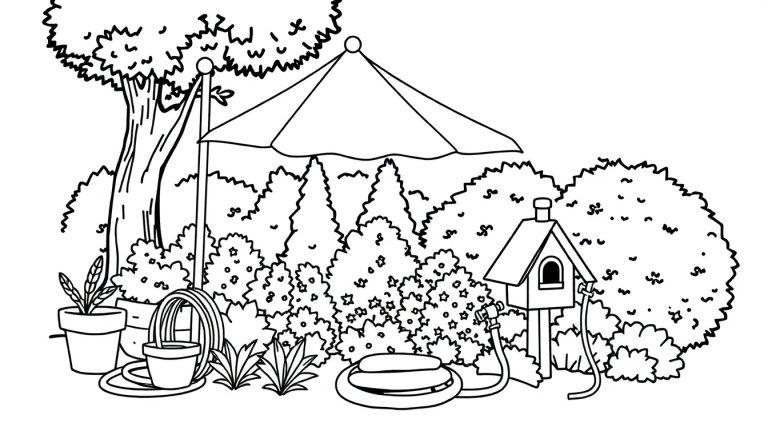 Kleurplaat van een tuinsetting met een grote boom, parasol, potplanten, een vogelhuisje en een slang.