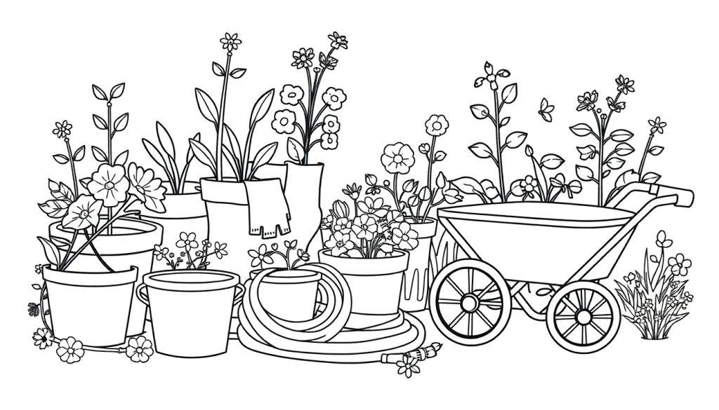Kleurplaat van een landelijk tuinfeest met potten, bloemen, een tuinslang en een kruiwagen, geschikt voor kinderen.