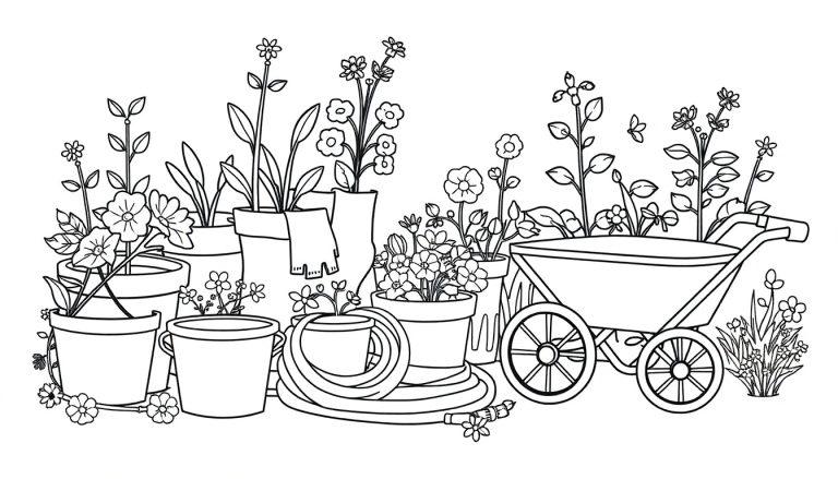 Kleurplaat van een landelijk tuinfeest met potten, bloemen, een tuinslang en een kruiwagen, geschikt voor kinderen.
