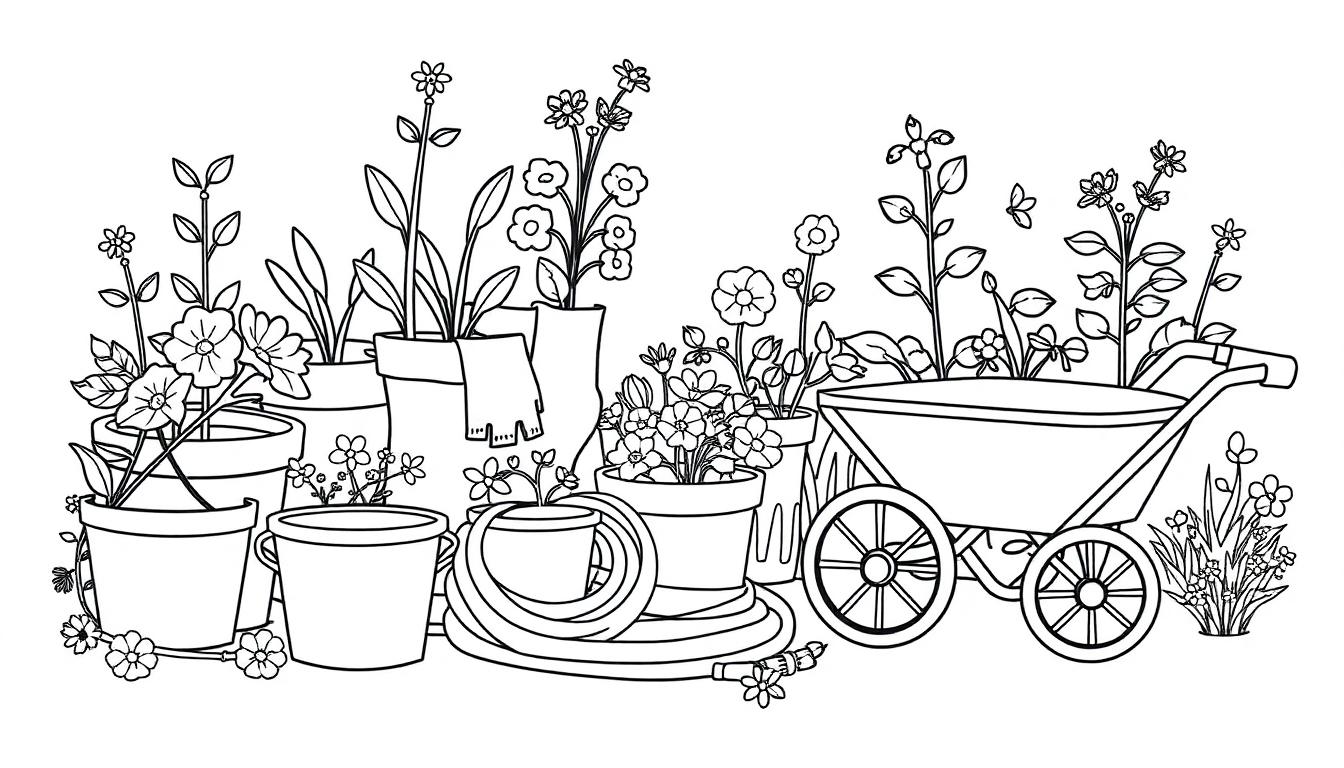 Kleurplaat van een landelijk tuinfeest met potten, bloemen, een tuinslang en een kruiwagen, geschikt voor kinderen.