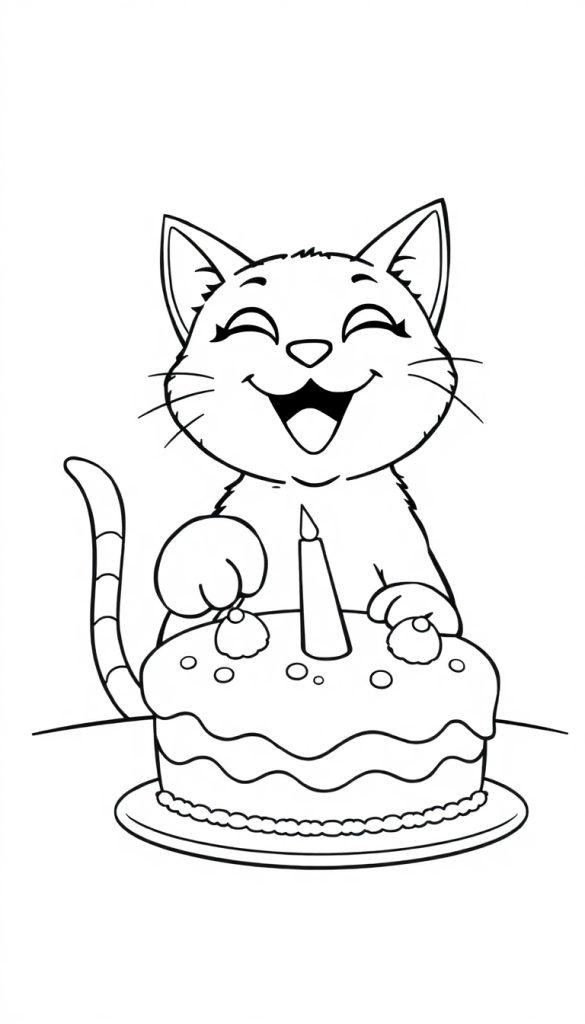 Kleurenplaat van een blije kat die een taart vastpakt met haar poten.