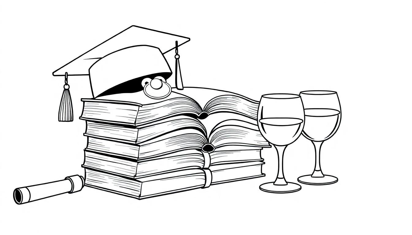 Kleurplaat van een stapel boeken met een gezicht, drie wijnglazen en een opgerold diploma, allemaal in een speelse en kleurrijke stijl.
