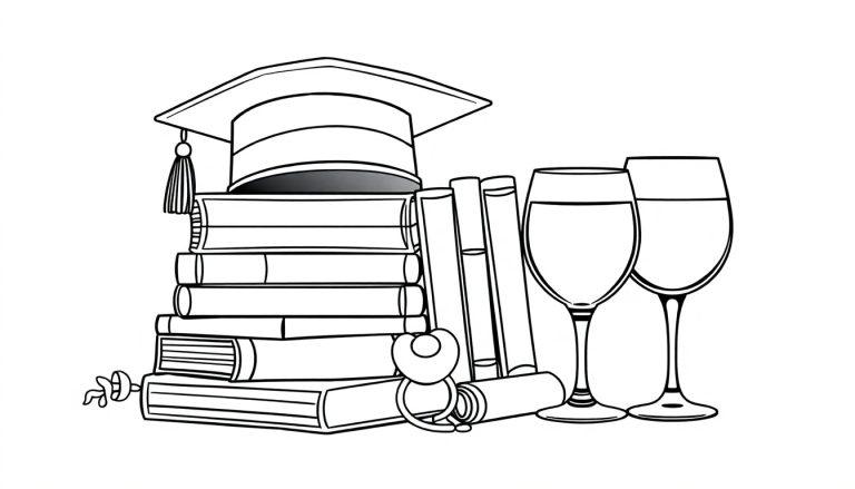 Kleurplaat van een stilleven met boeken, afstudeerhoed met kwast, diploma, en wijnglazen