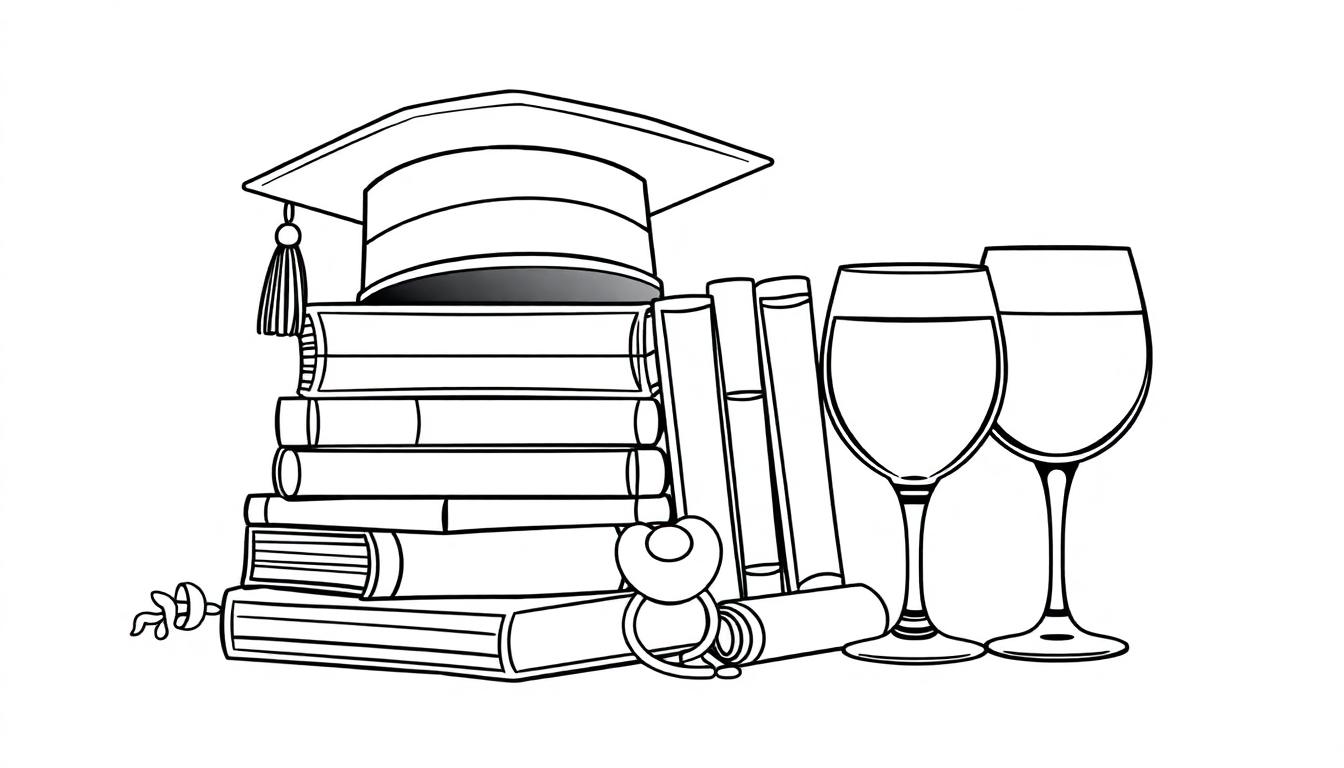 Kleurplaat van een stilleven met boeken, afstudeerhoed met kwast, diploma, en wijnglazen