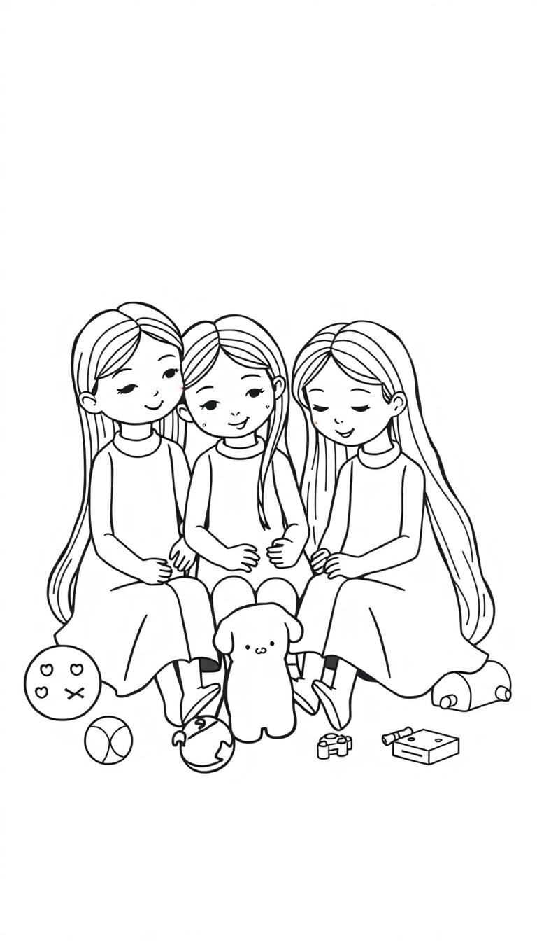 Kleurplaat met drie lange meisjes en een hond, omringd door speelgoed.