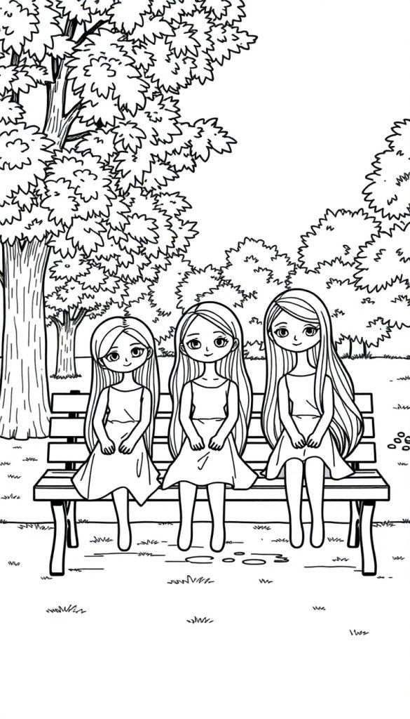 Kleurplaat van drie meisjes die samen op een bankje in het park zitten, met bomen en struiken op de achtergrond.