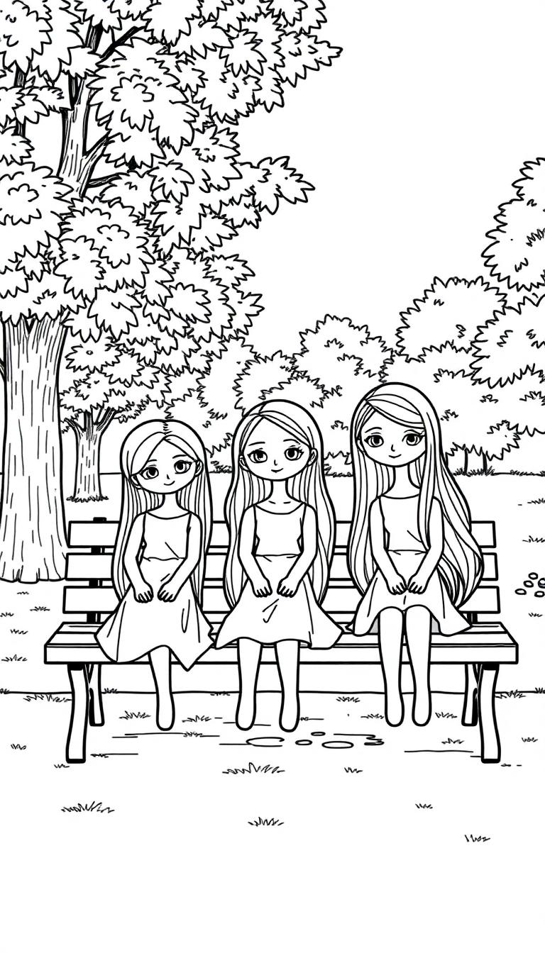 Kleurplaat van drie meisjes die samen op een bankje in het park zitten, met bomen en struiken op de achtergrond.