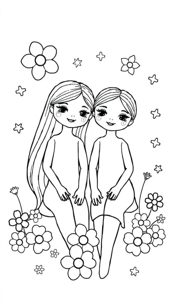 Zwart-witte kleurplaat van twee meisjes die naast elkaar zitten, met bloemen, sterren en decoraties, klaar om ingekleurd te worden.