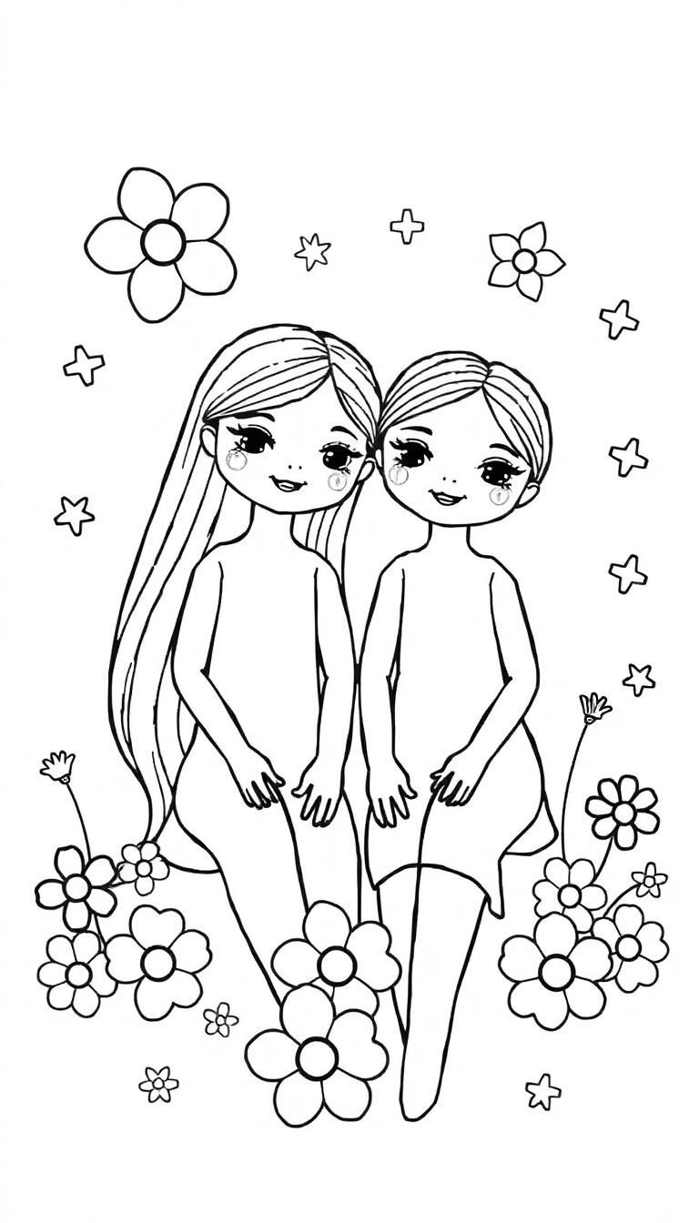 Zwart-witte kleurplaat van twee meisjes die naast elkaar zitten, met bloemen, sterren en decoraties, klaar om ingekleurd te worden.