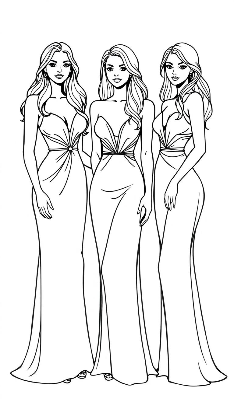 Kleurplaat van drie elegante vrouwen in lange jurken met een minimalistische stijl