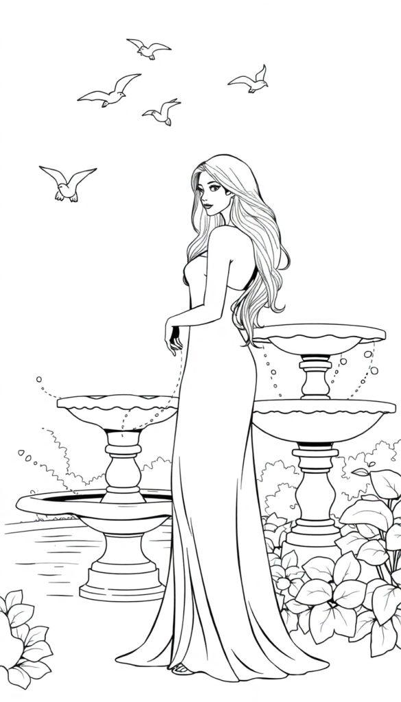 Een mooie kleurplaat van een lange, elegante vrouw in een jurk met een fontein en vogels in de lucht.