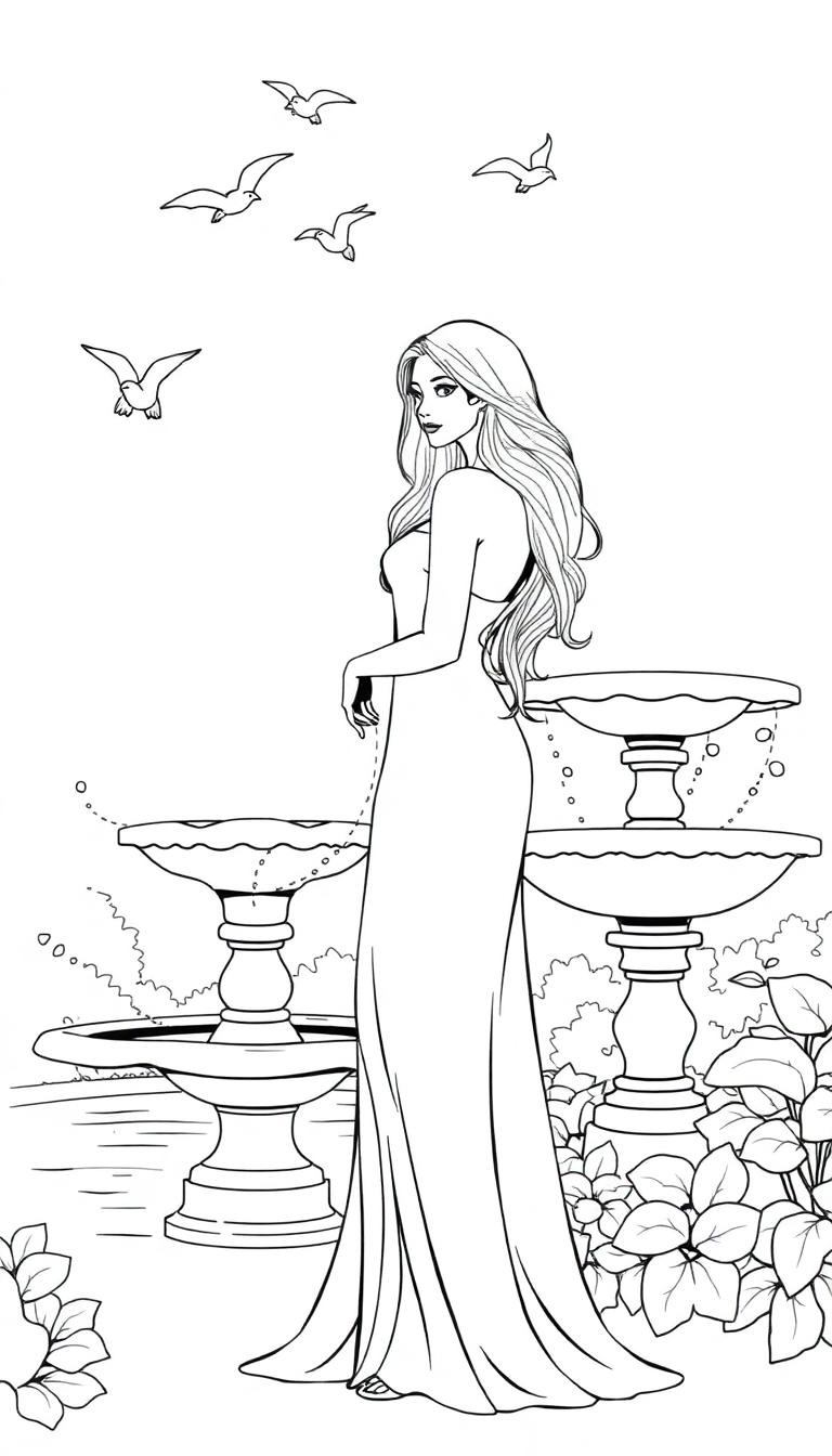 Een mooie kleurplaat van een lange, elegante vrouw in een jurk met een fontein en vogels in de lucht.