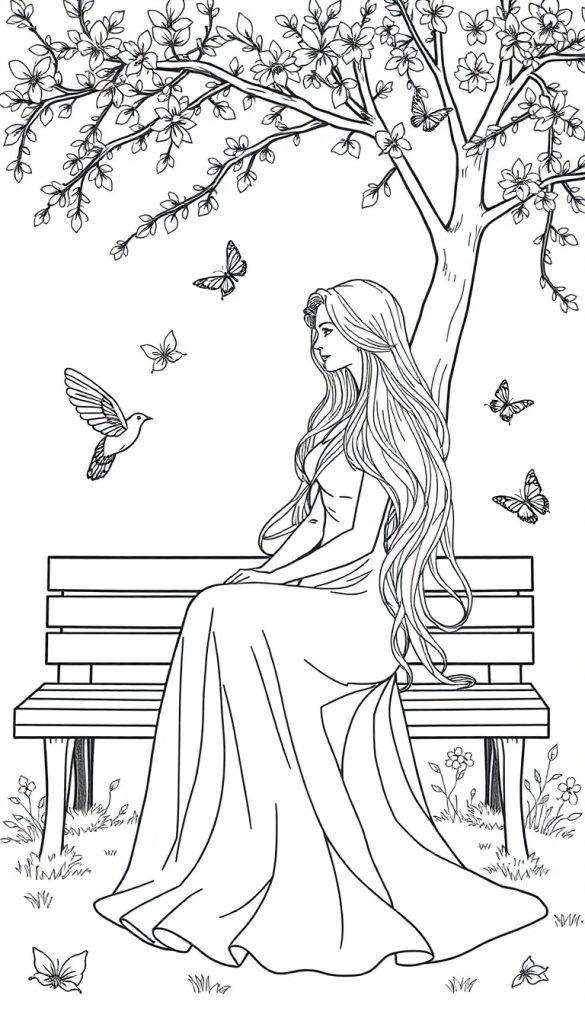 Kleurplaat van een lange, mooie vrouw met golvend haar die op een bankje zit onder een bloeiende boom, omringd door vlinders en een vogel, in een eenvoudige lijntekeningstijl.