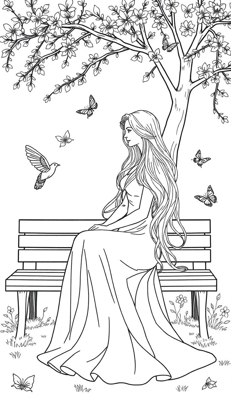 Kleurplaat van een lange, mooie vrouw met golvend haar die op een bankje zit onder een bloeiende boom, omringd door vlinders en een vogel, in een eenvoudige lijntekeningstijl.