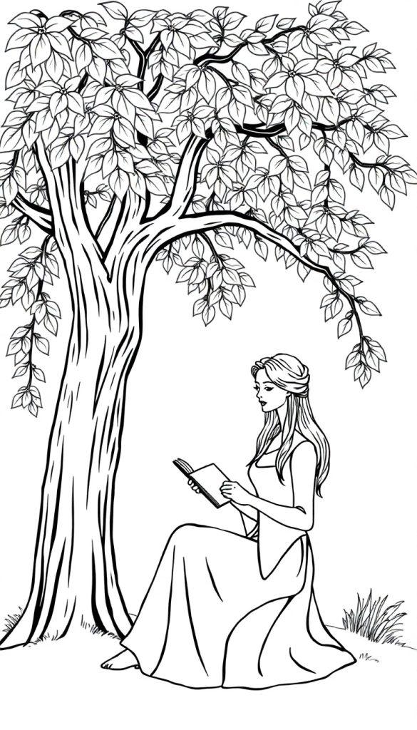 Een kleurplaat van een lange, mooie vrouw die onder een grote boom zit en een boek leest.