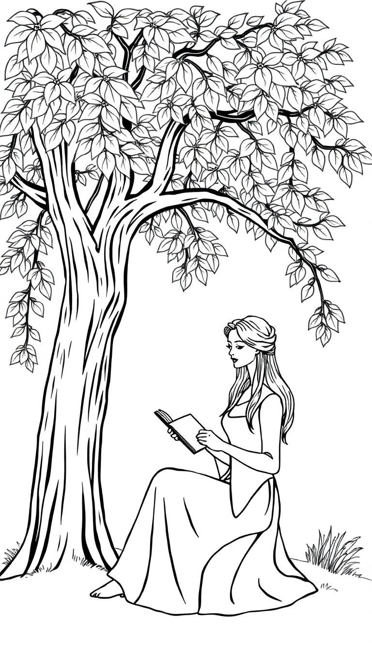 Een kleurplaat van een lange, mooie vrouw die onder een grote boom zit en een boek leest.