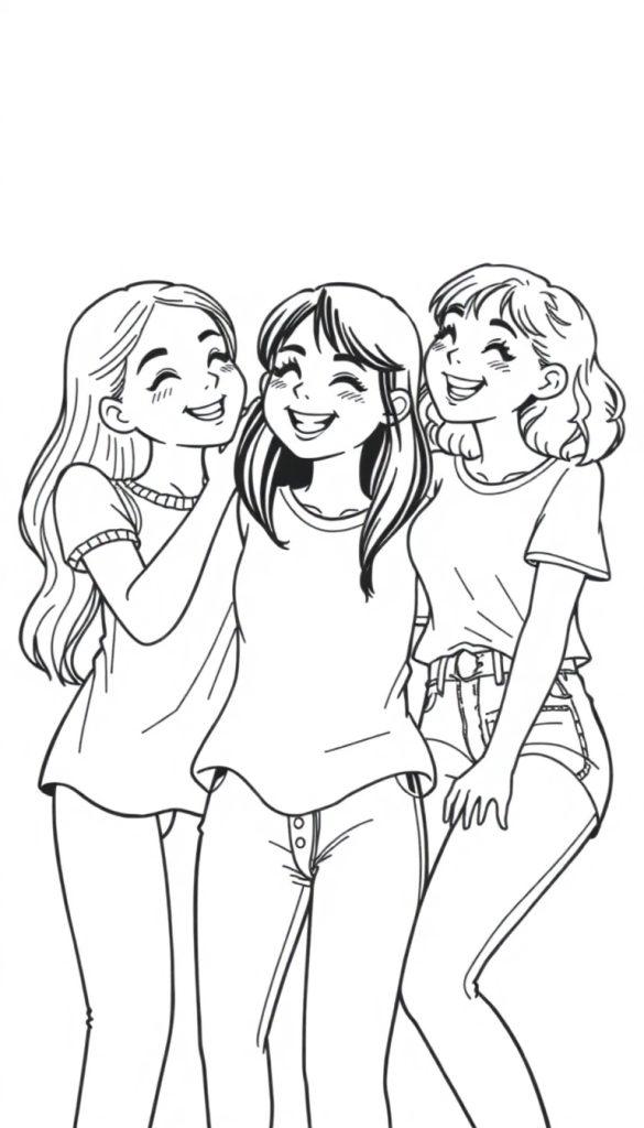 Kleurplaat van drie lachende tienermeiden die samen poseren.
