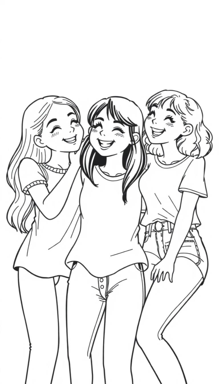 Kleurplaat van drie lachende tienermeiden die samen poseren.