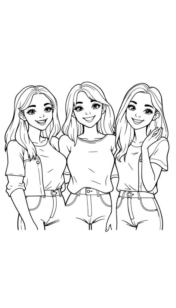 Kleurplaat van drie lachende vriendinnen die elkaar begroeten, klaar om gekleurd te worden.
