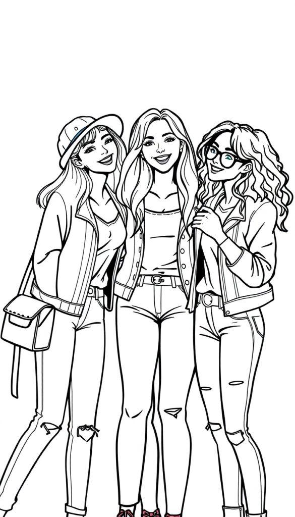 Kleurplaat van drie jonge vrouwen die samen lachen en poseren, in een zwart-witte schets. Ze dragen modieuze kleding en hebben verschillende kapsels, perfect voor een kleurplaat om in te kleuren.