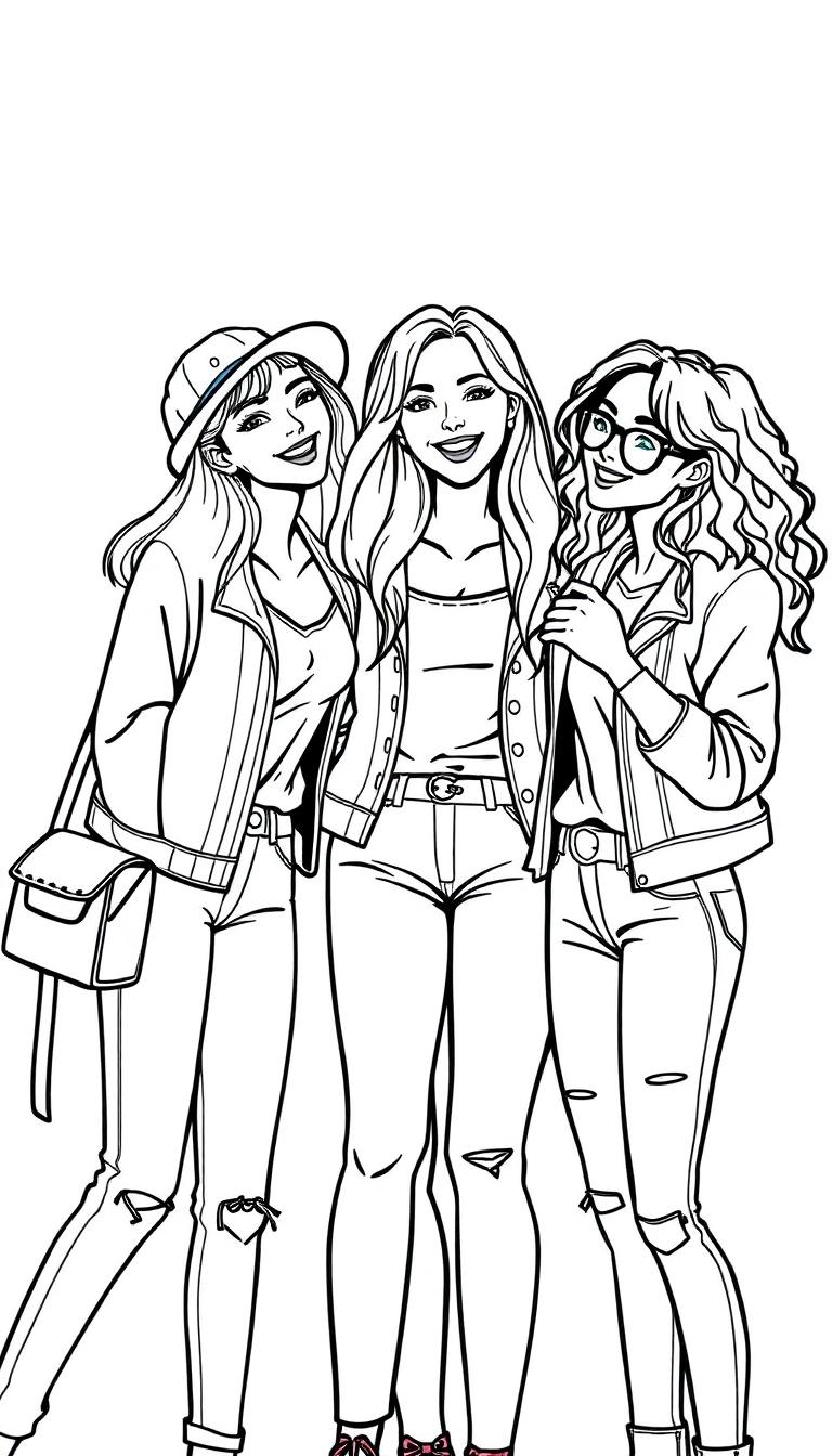 Kleurplaat van drie jonge vrouwen die samen lachen en poseren, in een zwart-witte schets. Ze dragen modieuze kleding en hebben verschillende kapsels, perfect voor een kleurplaat om in te kleuren.