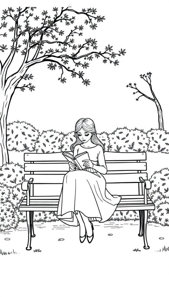 Kleurplaat van een elegante vrouw die op een bankje zit en leest, met bomen en struiken op de achtergrond.