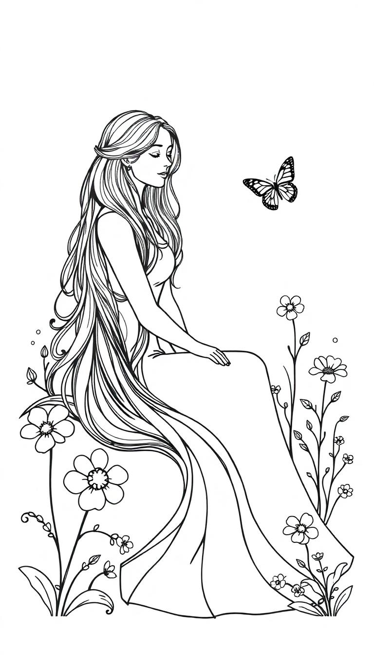 Kleurplaat van een rustige lange vrouw die met gesloten ogen zit, omringd door bloemen en een vlinder 🌸🦋.