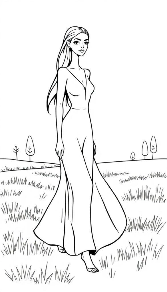 Kleurplaat van een lange, mooie vrouw die door een grasveld wandelt, met simple bomen op de achtergrond.