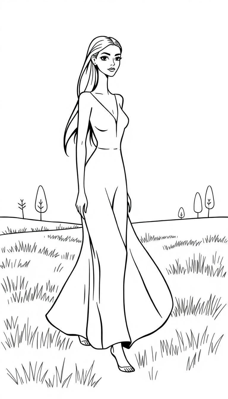Kleurplaat van een lange, mooie vrouw die door een grasveld wandelt, met simple bomen op de achtergrond.