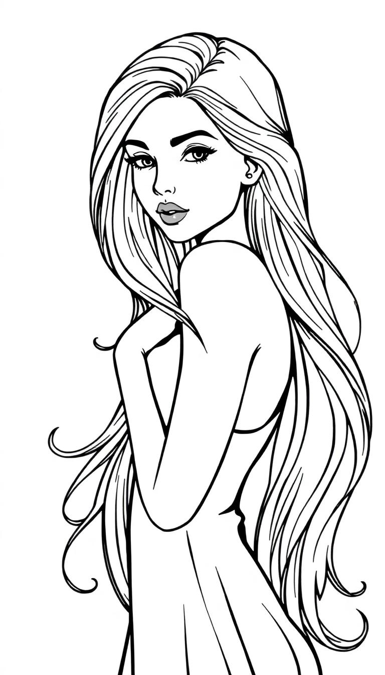 Kleurplaat van een lange, stijlvolle vrouw met golvend haar die over haar schouder kijkt, getekend in zwart-wit.