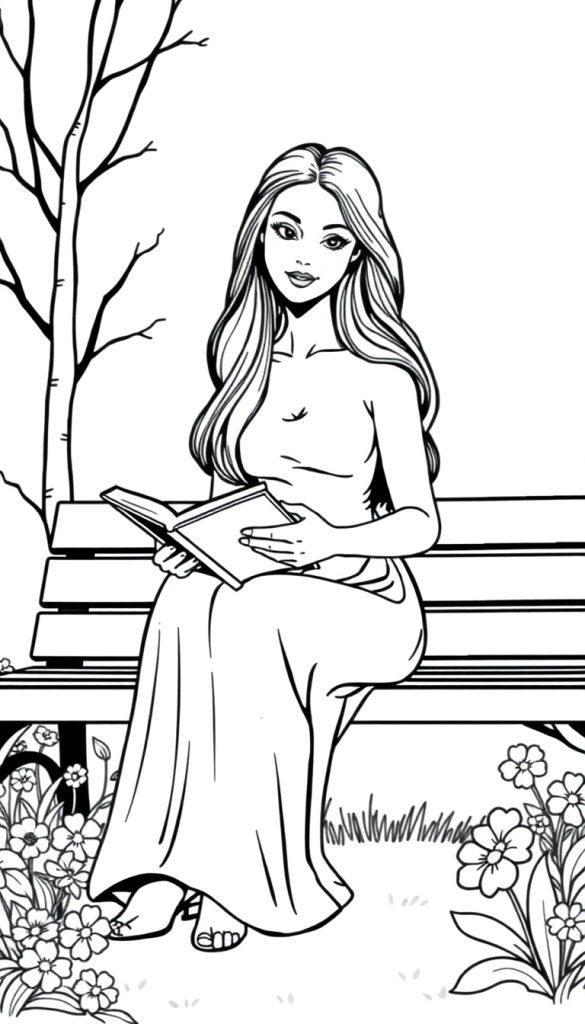 Kleurplaat van een lange, mooie vrouw die op een bankje zit en een boek leest in een tuin, omringd door bloemen en kale bomen.