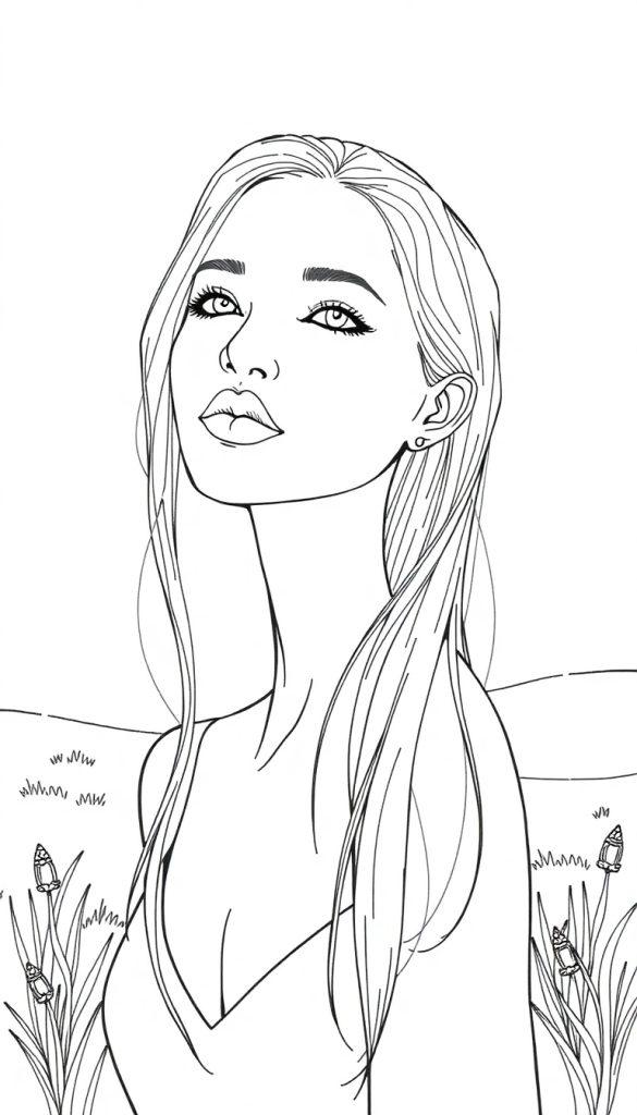 Kleurplaat van een lange vrouw met lang, recht haar, rustige uitstraling en mooie grote ogen, omgeven door planten en bloemen, met een open landschap op de achtergrond.