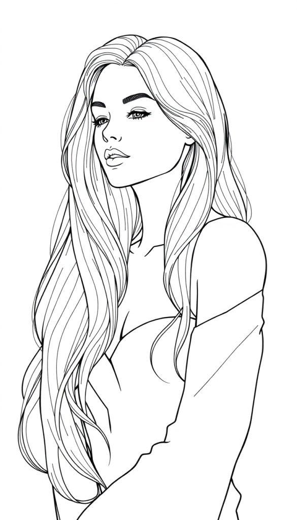 Kleurplaat van een lang, golvend haar meisje met een expressieve blik, getekend in zwart-wit met mooie lijnen.