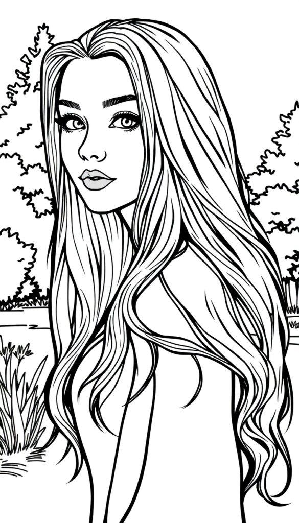 Zwart-wit kleurplaat van een mooie lange vrouw die over haar schouder kijkt, met een natuurlijke achtergrond met bomen en planten.