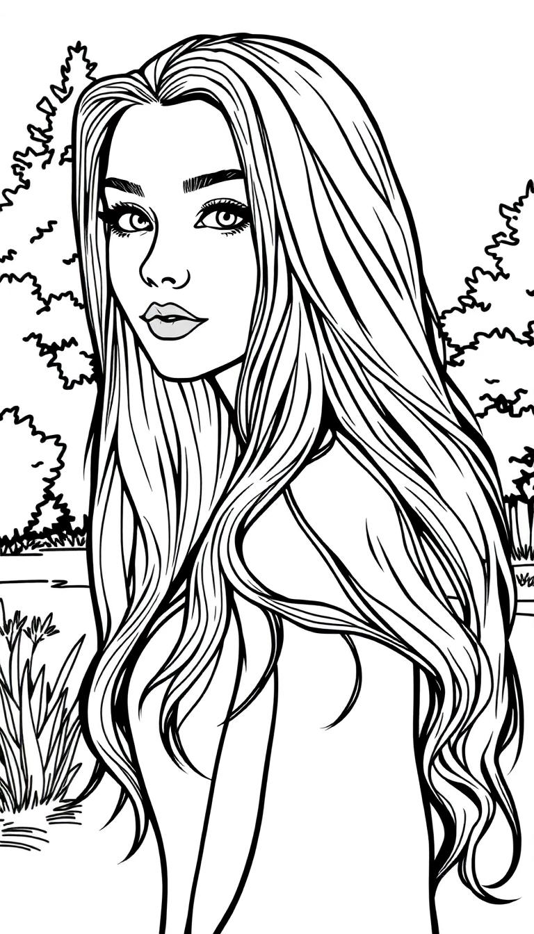 Zwart-wit kleurplaat van een mooie lange vrouw die over haar schouder kijkt, met een natuurlijke achtergrond met bomen en planten.