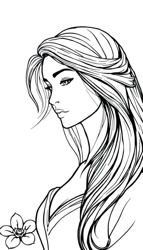 Zwart-witte kleurplaat van een elegante lange vrouw in profiel met golvend haar en een bloem in haar hand