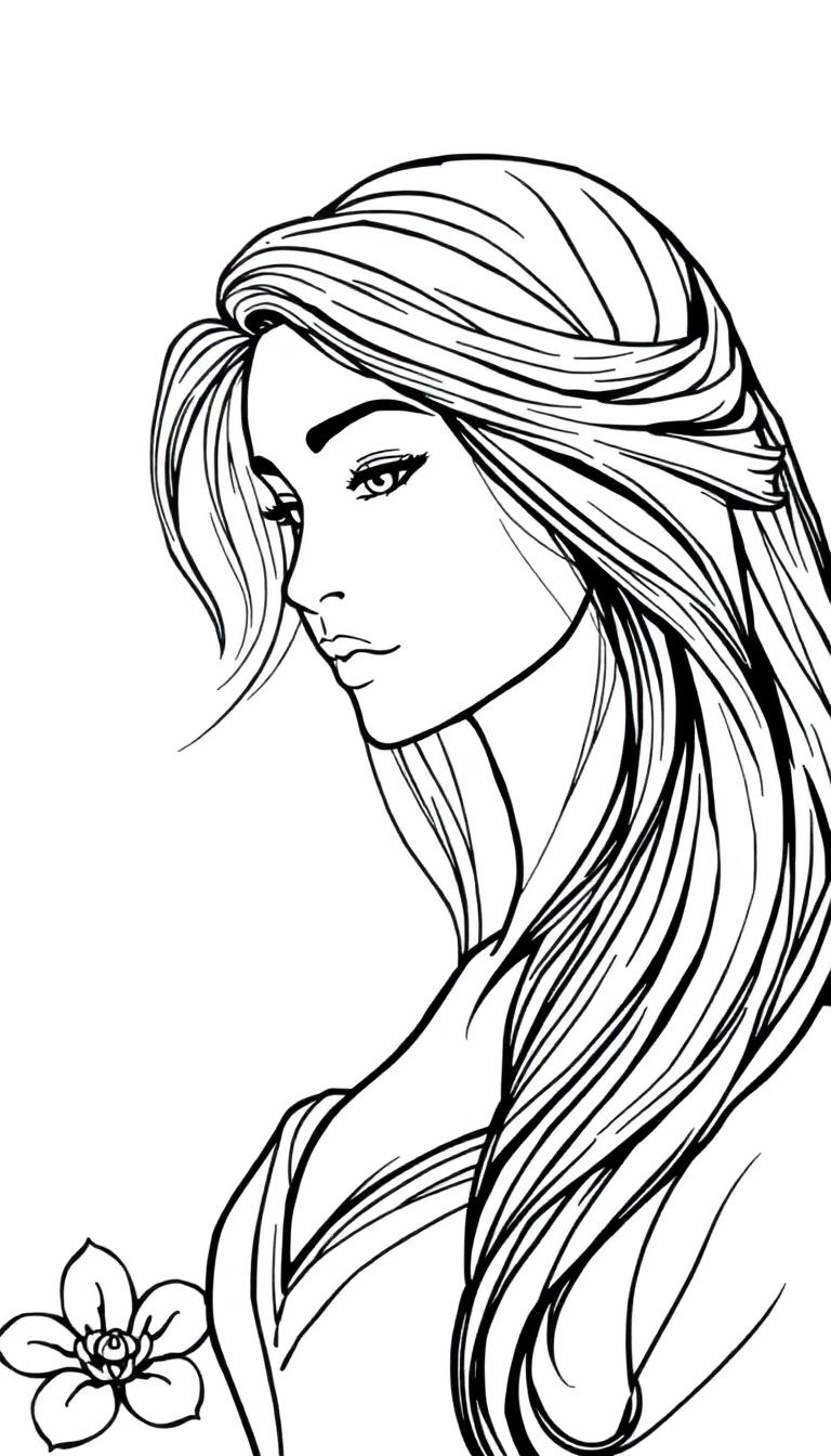 Zwart-witte kleurplaat van een elegante lange vrouw in profiel met golvend haar en een bloem in haar hand