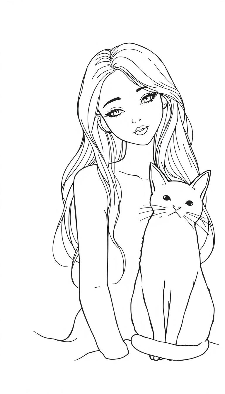 Kleurplaat van een lange vrouw met golvend haar en een kat die naast haar zit, beide kijken recht vooruit.