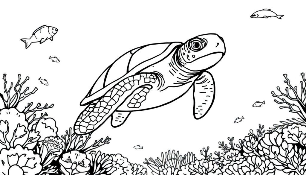 Kleurplaat van een zeeschildpad die in de oceaan zwemt, omringd door koraal en vissen.