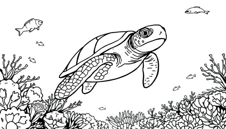 Kleurplaat van een zeeschildpad die in de oceaan zwemt, omringd door koraal en vissen.