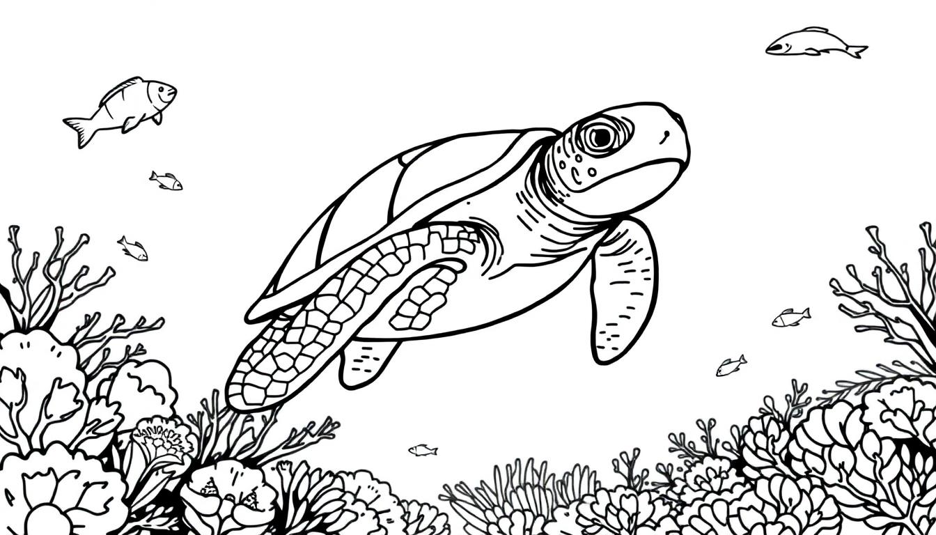 Kleurplaat van een zeeschildpad die in de oceaan zwemt, omringd door koraal en vissen.