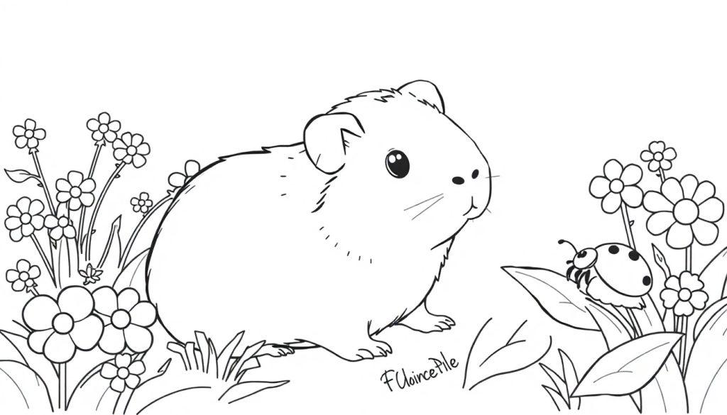 Schattige zwart-wit kleurplaat van een cavia in een grasveld met bloemen en een lieveheersbeestje op een blad.