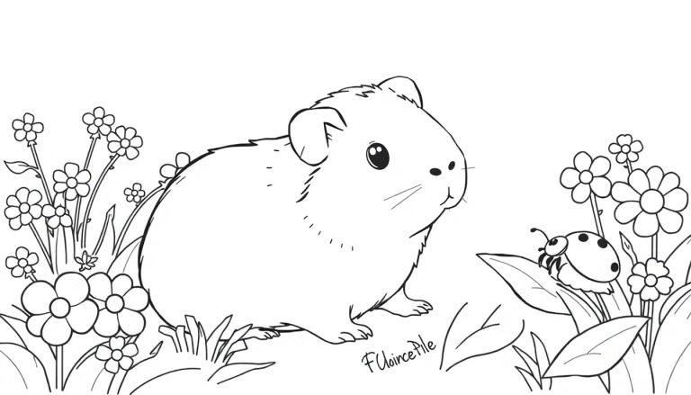 Schattige zwart-wit kleurplaat van een cavia in een grasveld met bloemen en een lieveheersbeestje op een blad.