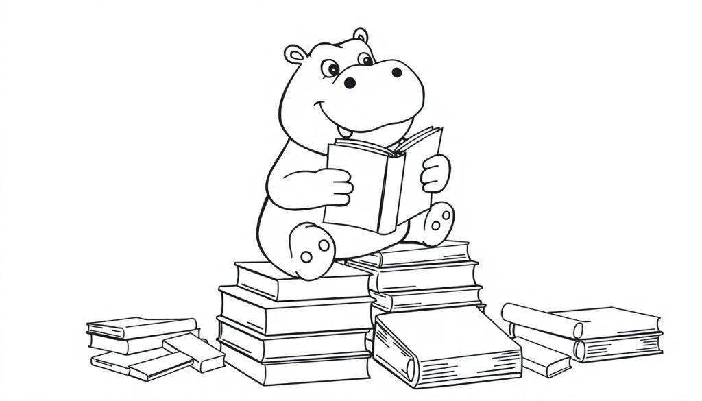 Kleurplaat van een schattig nijlpaard dat op boeken zit en een boek leest, omringd door meer boeken.